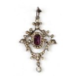 A silver paste and amethyst set drop pendant, 5cms (2ins) high overall.