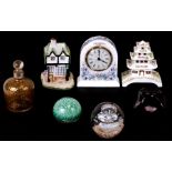 A Coalport mantle clock; together with a Coalport pastel burner; glass paperweights and other