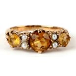 A 9ct gold citrine and pearl ring, approx UK size 'Q'.