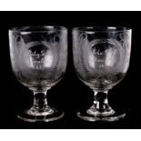 A pair of mid 19th century marriage glasses etched 'John Gill, Taunton 1851' and 'Betsy Gill,