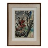 Taiso Yoshitoshi (Japanese 1839-1892) - Yoshitsune and Benkei Under a Cherry Tree - woodblock