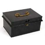 A Bramah lock tin cash box with brass carry handle, 23cms (13ins) wide. (no key)