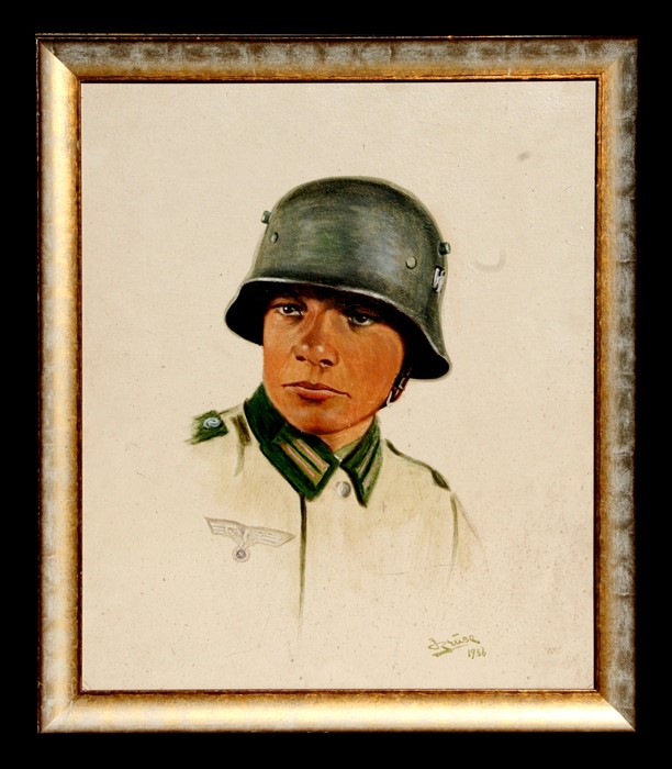 Oil on board of a Third Reich infantry officer, signed and dated 1936. Overall size 55cms (21.75ins)