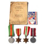 A WW2 group of four medals together with Soldiers Release Book and the Roosevelt - Churchill