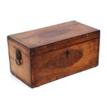 An early 19th century mahogany tea caddy with lion mask handles, 30cms (12ins) wide.