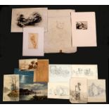 A quantity of unframed antique drawings and watercolour paintings to include a portrait of a man