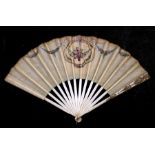 An early 19th century bone fan, the fan painted with lovers flanked by garlands of flowers and micro