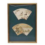 A pair of Chinese poker work fan shaped panels, one decorated with the Great Wall of China, the