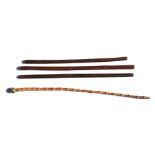 Three leather covered WW2 period military swagger sticks, the longest being 60.5cms (23.75ins)