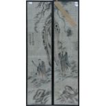 A pair of Chinese watercolour paintings on silk decorated with robed men and calligraphy, framed &
