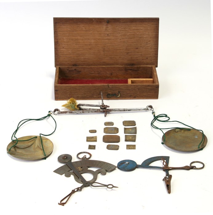 A 19th century boxed set of Travelling Apothecary Scales complete with 12 weights, together with two - Image 2 of 2