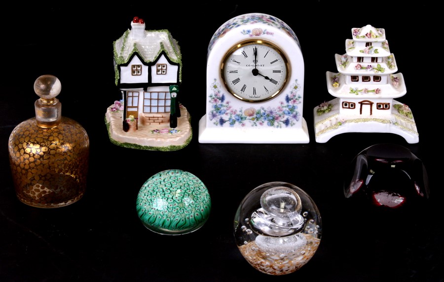 A Coalport mantle clock; together with a Coalport pastel burner; glass paperweights and other