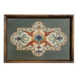 An Arts & Crafts Persian design silk embroidered panel, framed & glazed, 34 by 20cms (13.5 by