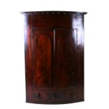 An early 19th century figured mahogany bow fronted corner cupboard with two panelled doors above a