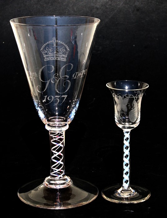 A 1937 Royal commemorative oversized glass with air twist stem, 23cm (9ins) high; together with an