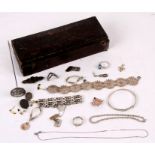 A Berthold Muller hallmarked silver hat pin, silver bracelets, cuff links, fobs, and other items