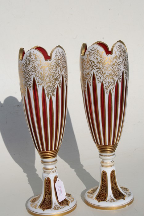 A fine pair of 19th century Bohemian cranberry glass overlaid vases with gilt decoration, 31cms ( - Image 4 of 9