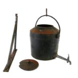 A 19th century 8 gallon Kendrick cast iron Hearth Kettle with brass spigot together with its wrought