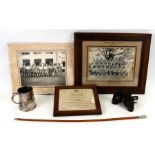 A quantity of military related items including a framed WWI award; a silver plated tankard; a pair