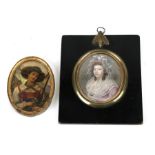 A Georgian portrait miniature of a lady wearing a portrait miniature pendant around her neck;