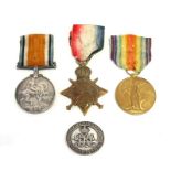 A WW1 medal trio named to 115708 Pioneer W. Lunt of the Royal Engineers with his Silver War Badge