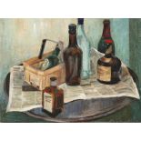 20th century school, still life bottle on a table, oils on board, unframed. 61 by 46cm ( 24 by