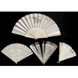 A group of late 19th / early 20th century Chinese export ivory fans, the largest 24cms (9ins) long.