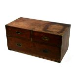 The top section of a 19th century military teak Campaign chest with two short and one long drawer,