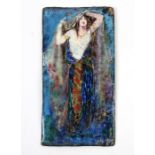 An Art Nouveau / Arts & Crafts enamel plaque decorated with a robed lady, 8 by 15cms (3.75 by