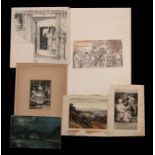 A quantity of antique unframed watercolour paintings and drawings to include Hermann Vogel (French