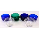 A pair of 19th century wine glass rinsers; together with three Bristol Blue finger bowls and a