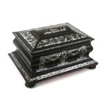 An early 19th century mother of pearl inlaid ebony sewing box with velvet lined fitted interior,