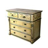 A continental painted chest with faux marble top above two short and three long drawers, on turned