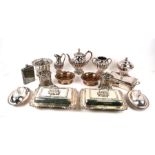 A quantity of Victorian silver plated items to include teapots, coasters, tureens and a hip flask.
