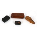 Four 19th century snuff boxes to include burr walnut, tortoiseshell and shoe form examples.