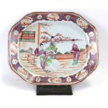 An 18th century Chinese Mandarin palette meat dish decorated with figures, 45cms (17.5ins) wide.