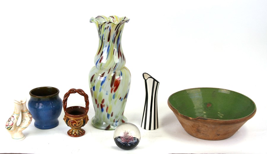 A Slipware bowl, a Selkirk paperweight,a large End of Day glass vase and other items,