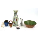 A Slipware bowl, a Selkirk paperweight,a large End of Day glass vase and other items,