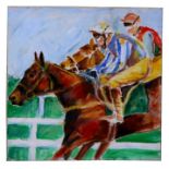Modern British - Race Horses and Jockeys - oil on canvas, unframed, 30 by 30cms (12 by 12ins).