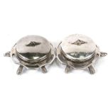 A silver plated and glass twin bowl serving set in the form of a pair of tortoises, 33cms (13ins)