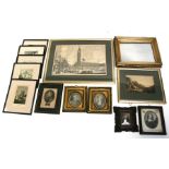 A collection of antique framed prints including King George III, two with 18th century frames