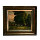 Early 20th century school - Sheep in a Field Under Trees - oil on board, framed, 29 by 24cms (11.5