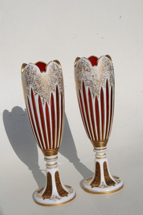 A fine pair of 19th century Bohemian cranberry glass overlaid vases with gilt decoration, 31cms ( - Image 3 of 9
