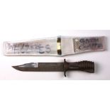 A Guards issue SA80 bayonet in white buff leather parade scabbard. Blade length 18cms (7ins)
