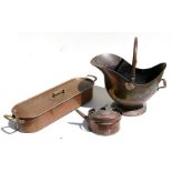 A vintage copper fish kettle, 67cms (26.5ins) wide; together with a copper kettle and a copper