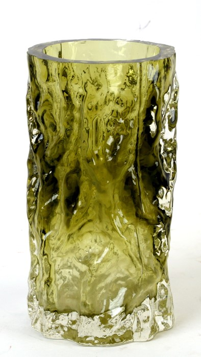 A Whitefriars style green glass vase, 18cm (7ins) high.