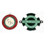 A British Field Sports Society chrome and enamel car badge by Butler 9.5cms (3.75ins) by 7.5cms (