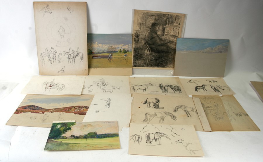 A quantity of unframed watercolour paintings and drawings, equestrian themed; together with a pastel