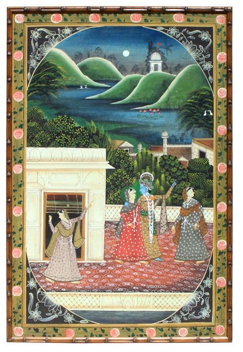 Indian school - Ladies in a Courtyard - painting on silk mounted on board, framed, 57cm by 89cm (