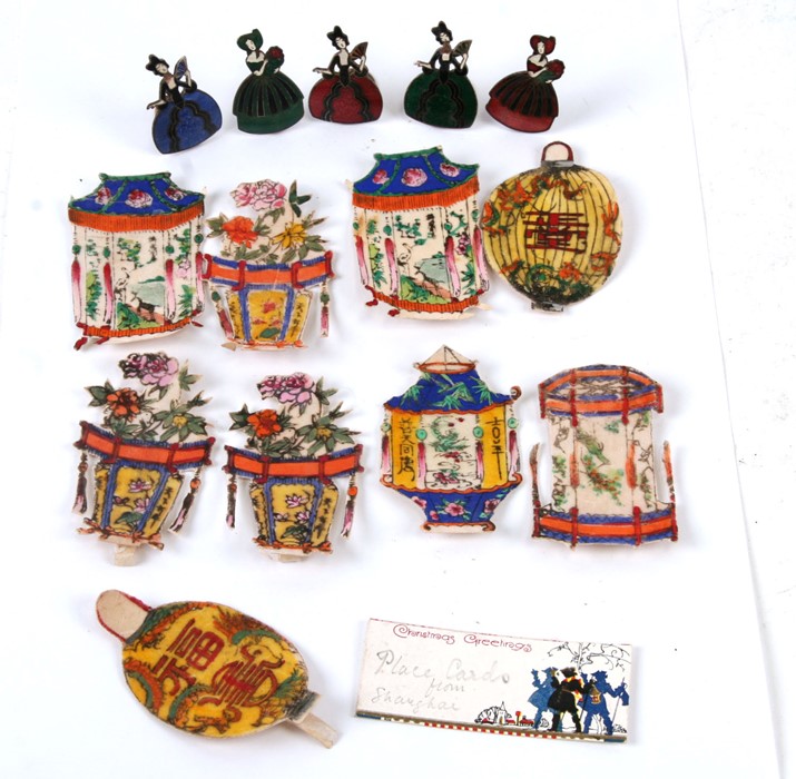 Five enamel menu holders in the form of crinoline ladies together with a group of Chinese painted